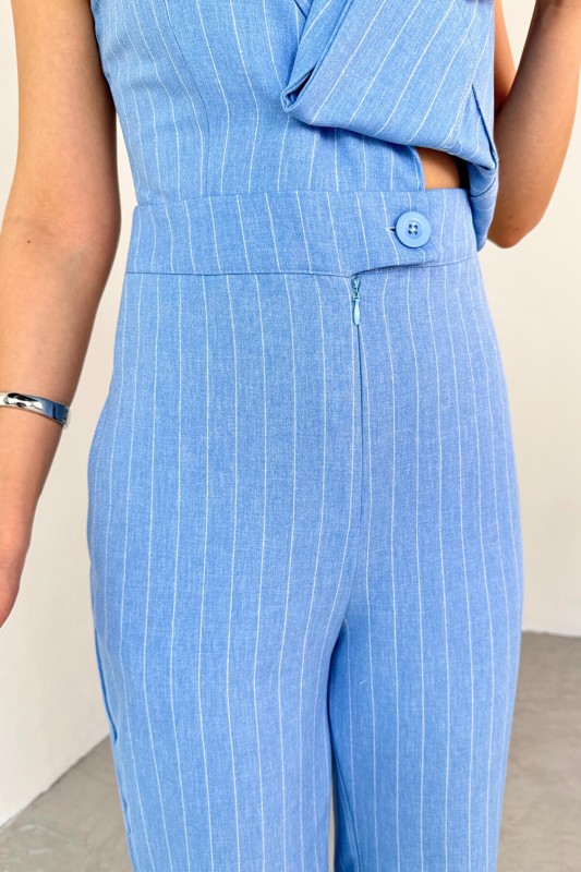 ELB-01778 Mavi Klapa Yaka Asimetrik Kesim Sıfır Kol Tulum - 8