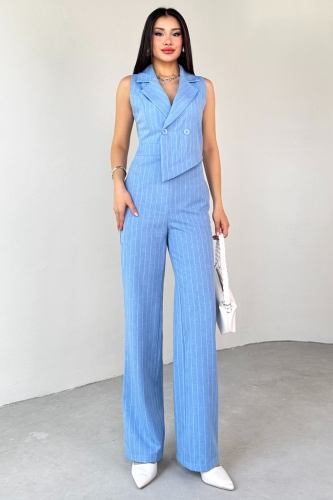 ELB-01778 Mavi Klapa Yaka Asimetrik Kesim Sıfır Kol Tulum - 9