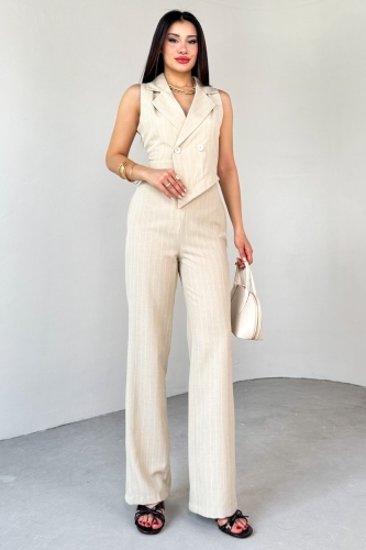 ELB-01778 Taş Rengi Klapa Yaka Asimetrik Kesim Sıfır Kol Tulum - 1