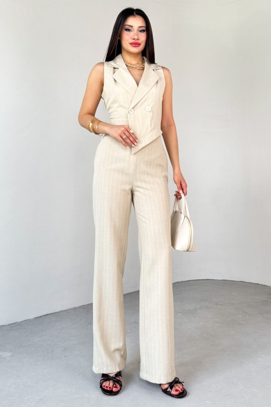 ELB-01778 Taş Rengi Klapa Yaka Asimetrik Kesim Sıfır Kol Tulum - 1