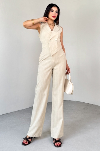 ELB-01778 Taş Rengi Klapa Yaka Asimetrik Kesim Sıfır Kol Tulum - 6