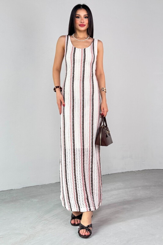 ELB-01780 Krem Çizgili Örgü Dokulu Yazlık Elbise - 1