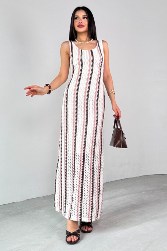 ELB-01780 Krem Çizgili Örgü Dokulu Yazlık Elbise - 3