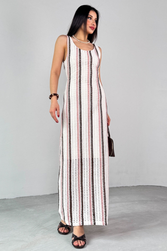 ELB-01780 Krem Çizgili Örgü Dokulu Yazlık Elbise (1)