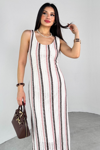 ELB-01780 Krem Çizgili Örgü Dokulu Yazlık Elbise - 7