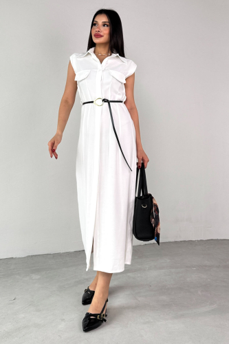 ELB-01783 Beyaz Kemerli Gömlek Yaka Cepli Sıfır Kol Yazlık Elbise  - 3