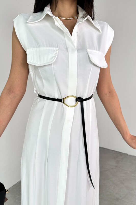 ELB-01783 Beyaz Kemerli Gömlek Yaka Cepli Sıfır Kol Yazlık Elbise  - 5