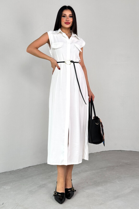ELB-01783 Beyaz Kemerli Gömlek Yaka Cepli Sıfır Kol Yazlık Elbise  - 1