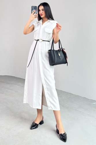 ELB-01783 Beyaz Kemerli Gömlek Yaka Cepli Sıfır Kol Yazlık Elbise  - 6