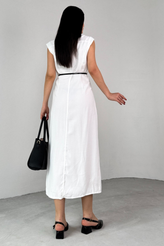 ELB-01783 Beyaz Kemerli Gömlek Yaka Cepli Sıfır Kol Yazlık Elbise  - 7