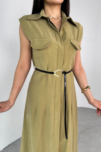 ELB-01783 Haki Kemerli Gömlek Yaka Cepli Sıfır Kol Yazlık Elbise - 3