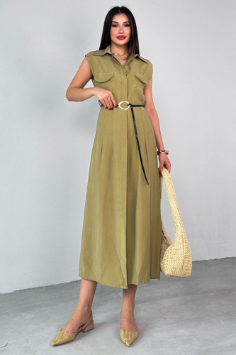 ELB-01783 Haki Kemerli Gömlek Yaka Cepli Sıfır Kol Yazlık Elbise - 4