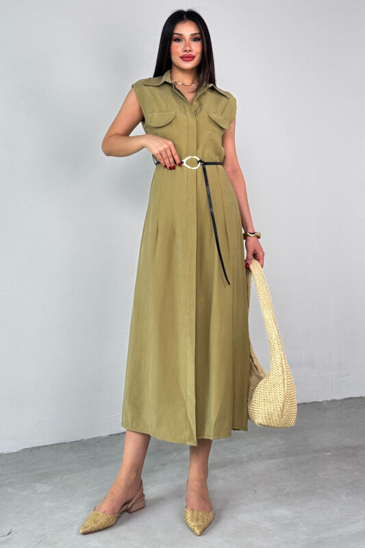 ELB-01783 Haki Kemerli Gömlek Yaka Cepli Sıfır Kol Yazlık Elbise - 4