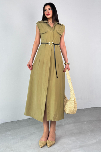 ELB-01783 Haki Kemerli Gömlek Yaka Cepli Sıfır Kol Yazlık Elbise - 5