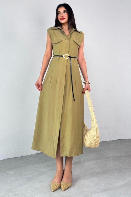 ELB-01783 Haki Kemerli Gömlek Yaka Cepli Sıfır Kol Yazlık Elbise - 5