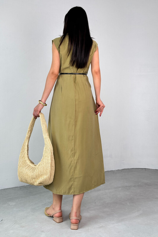 ELB-01783 Haki Kemerli Gömlek Yaka Cepli Sıfır Kol Yazlık Elbise - 6