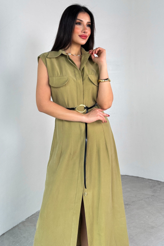 ELB-01783 Haki Kemerli Gömlek Yaka Cepli Sıfır Kol Yazlık Elbise - 2