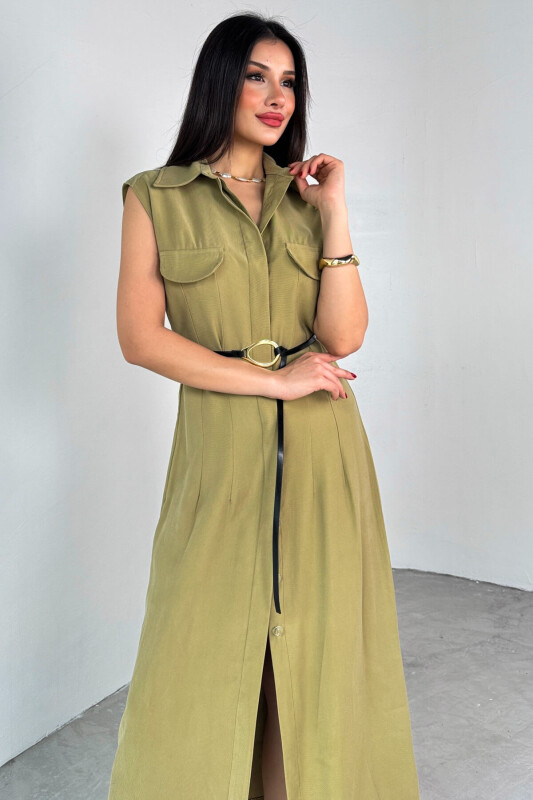 ELB-01783 Haki Kemerli Gömlek Yaka Cepli Sıfır Kol Yazlık Elbise - 2