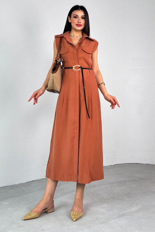 ELB-01783 Taba Kemerli Gömlek Yaka Cepli Sıfır Kol Yazlık Elbise  - 3