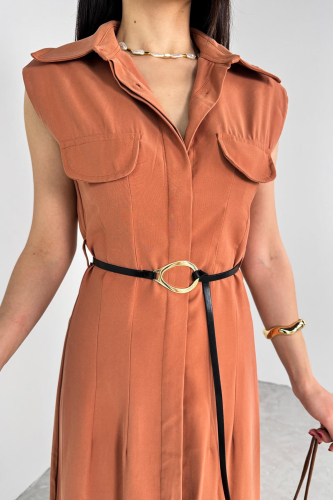 ELB-01783 Taba Kemerli Gömlek Yaka Cepli Sıfır Kol Yazlık Elbise  - 4