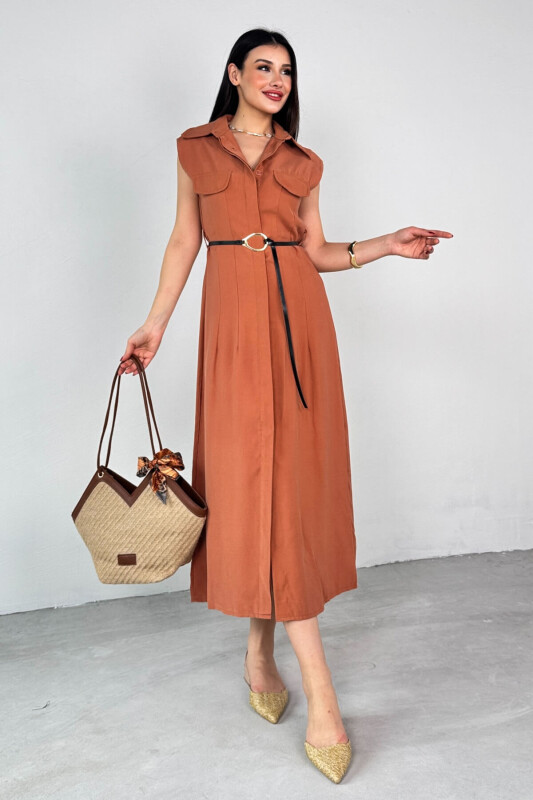 ELB-01783 Taba Kemerli Gömlek Yaka Cepli Sıfır Kol Yazlık Elbise  - 5