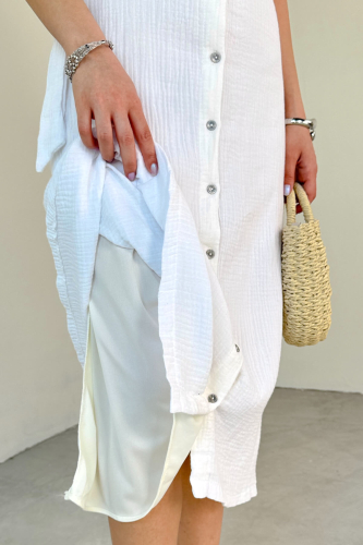 ELB-01785 Beyaz Kemerli Ajur Detaylı Gömlek Yaka Düğmeli Yazlık Elbise - 4