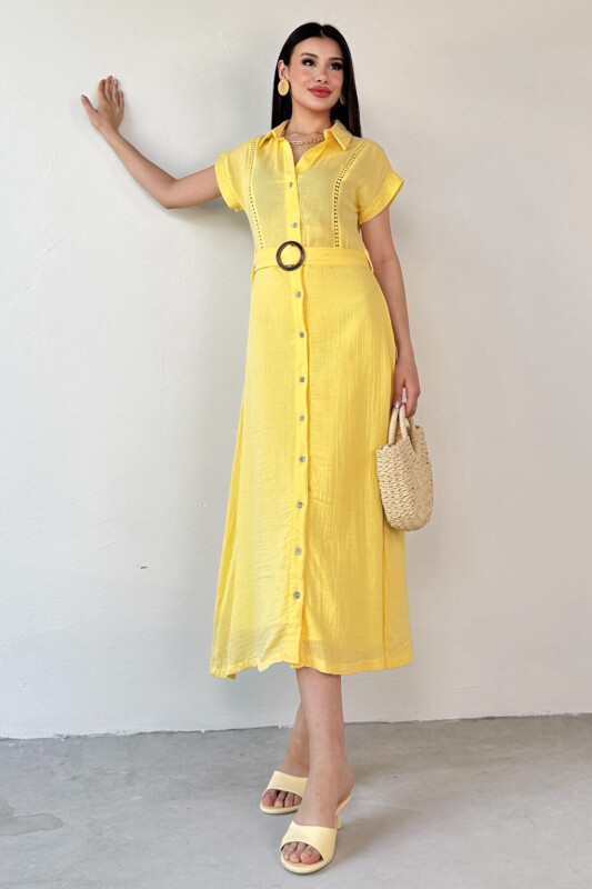 ELB-01785 Sarı Kemerli Ajur Detaylı Gömlek Yaka Düğmeli Yazlık Elbise - 5