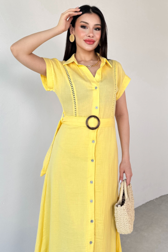 ELB-01785 Sarı Kemerli Ajur Detaylı Gömlek Yaka Düğmeli Yazlık Elbise - 7