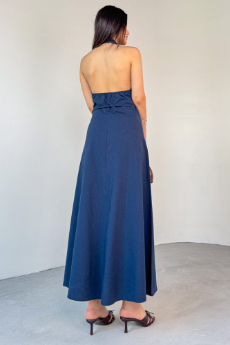 ELB-01787 Lacivert Sırt Dekolteli İnce Kemer Detaylı Keten Yazlık Elbise - 3