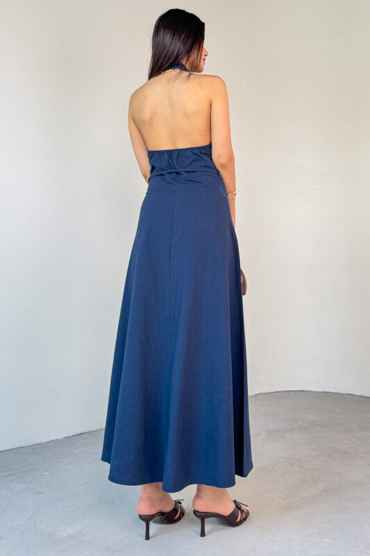 ELB-01787 Lacivert Sırt Dekolteli İnce Kemer Detaylı Keten Yazlık Elbise - 3