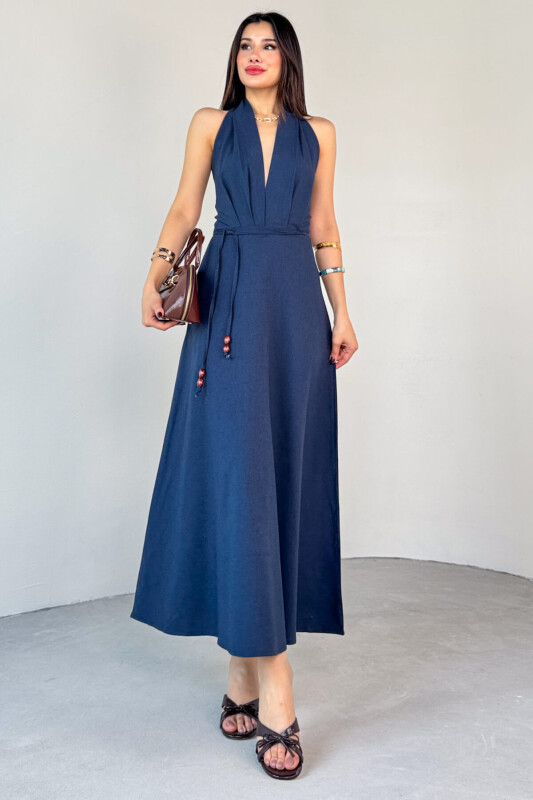 ELB-01787 Lacivert Sırt Dekolteli İnce Kemer Detaylı Keten Yazlık Elbise - 1