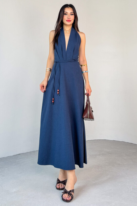 ELB-01787 Lacivert Sırt Dekolteli İnce Kemer Detaylı Keten Yazlık Elbise - 4
