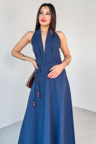 ELB-01787 Lacivert Sırt Dekolteli İnce Kemer Detaylı Keten Yazlık Elbise (1)