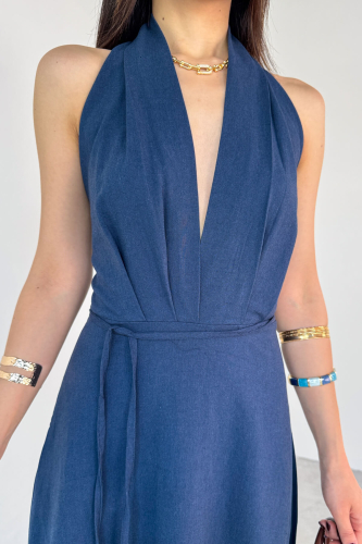 ELB-01787 Lacivert Sırt Dekolteli İnce Kemer Detaylı Keten Yazlık Elbise - 5