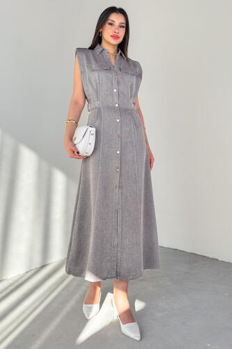 ELB-01788 Füme Polo Yaka Cepli Bağlama Detaylı Ham Keten Gömlek Elbise - 3