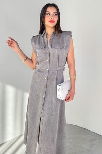ELB-01788 Füme Polo Yaka Cepli Bağlama Detaylı Ham Keten Gömlek Elbise - 4