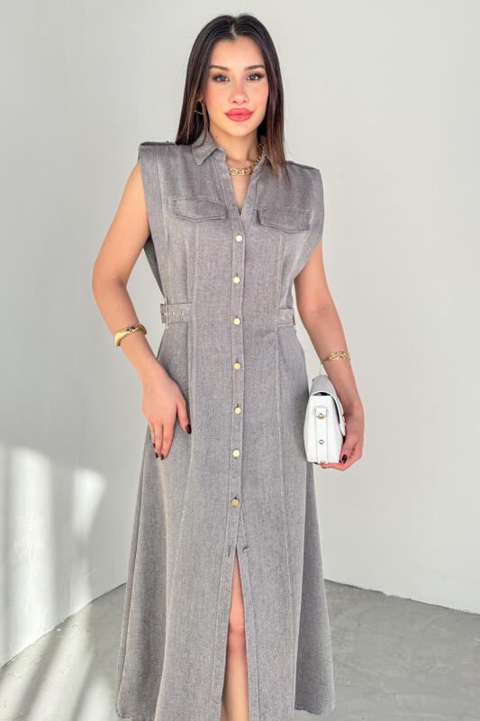 ELB-01788 Füme Polo Yaka Cepli Bağlama Detaylı Ham Keten Gömlek Elbise - 2