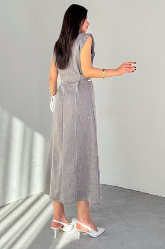 ELB-01788 Füme Polo Yaka Cepli Bağlama Detaylı Ham Keten Gömlek Elbise - 5