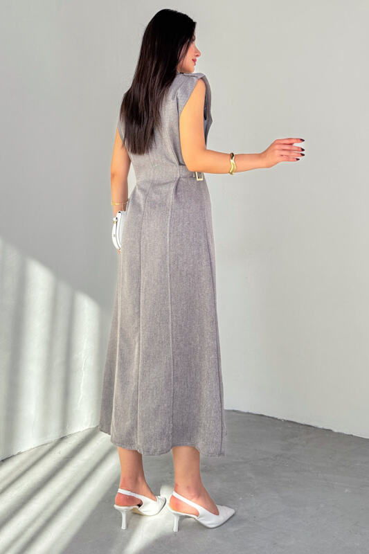 ELB-01788 Füme Polo Yaka Cepli Bağlama Detaylı Ham Keten Gömlek Elbise - 5