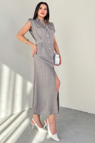 ELB-01788 Füme Polo Yaka Cepli Bağlama Detaylı Ham Keten Gömlek Elbise - 6