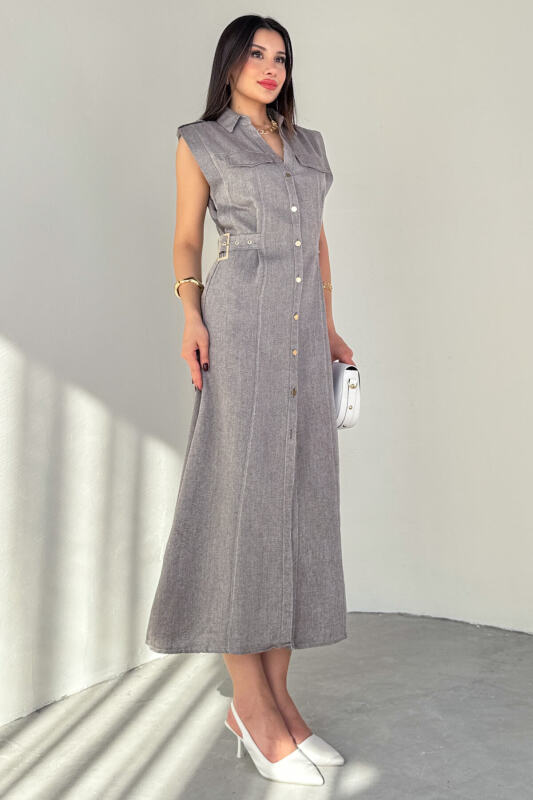 ELB-01788 Füme Polo Yaka Cepli Bağlama Detaylı Ham Keten Gömlek Elbise - 7