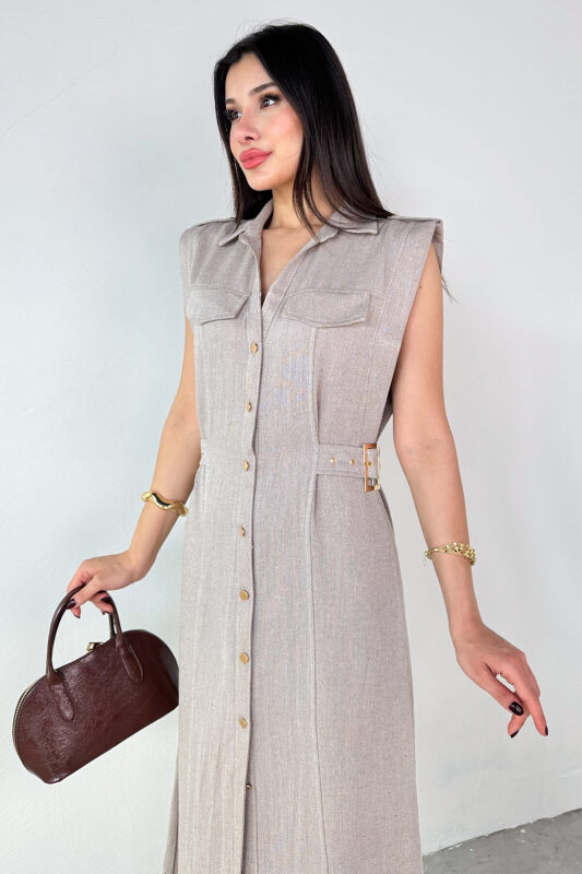 ELB-01788 Vizon Polo Yaka Cepli Bağlama Detaylı Ham Keten Gömlek Elbise - 2