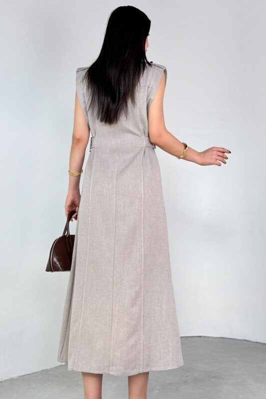 ELB-01788 Vizon Polo Yaka Cepli Bağlama Detaylı Ham Keten Gömlek Elbise - 3