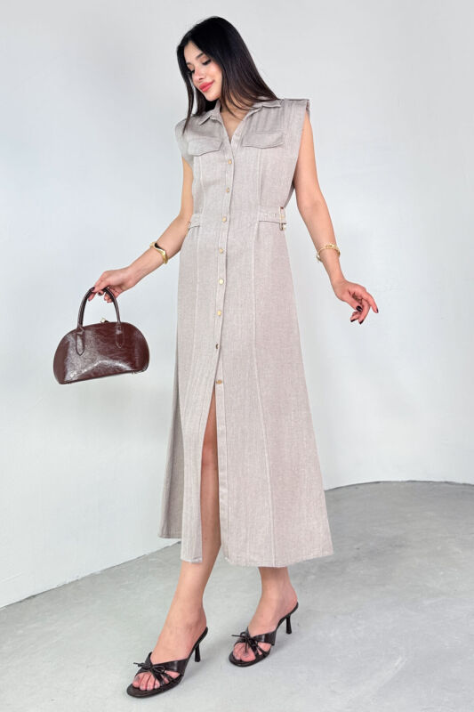 ELB-01788 Vizon Polo Yaka Cepli Bağlama Detaylı Ham Keten Gömlek Elbise - 4