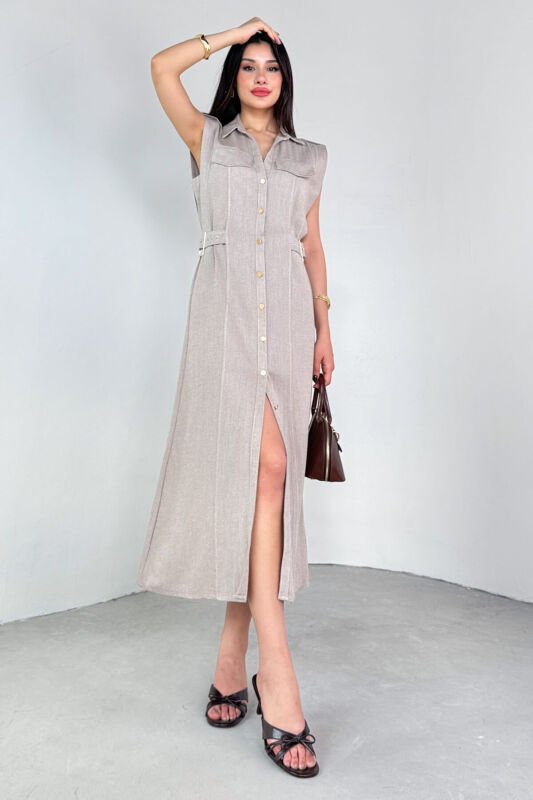 ELB-01788 Vizon Polo Yaka Cepli Bağlama Detaylı Ham Keten Gömlek Elbise - 1