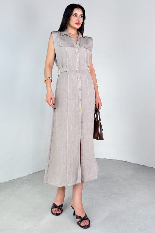 ELB-01788 Vizon Polo Yaka Cepli Bağlama Detaylı Ham Keten Gömlek Elbise - 5