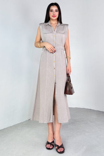 ELB-01788 Vizon Polo Yaka Cepli Bağlama Detaylı Ham Keten Gömlek Elbise - 6