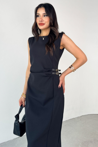 ELB-01789 Siyah Deri Kemerli Arka Fermuar Detaylı Lamineli  Poliviskon Elbise - 2