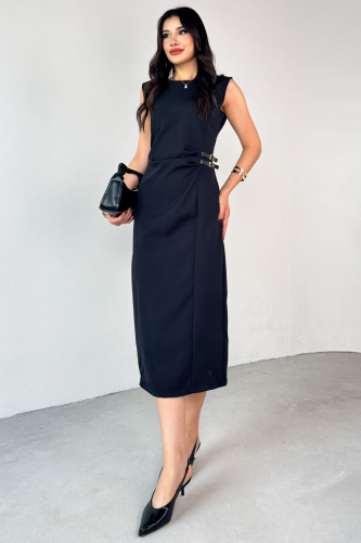 ELB-01789 Siyah Deri Kemerli Arka Fermuar Detaylı Lamineli  Poliviskon Elbise - 4