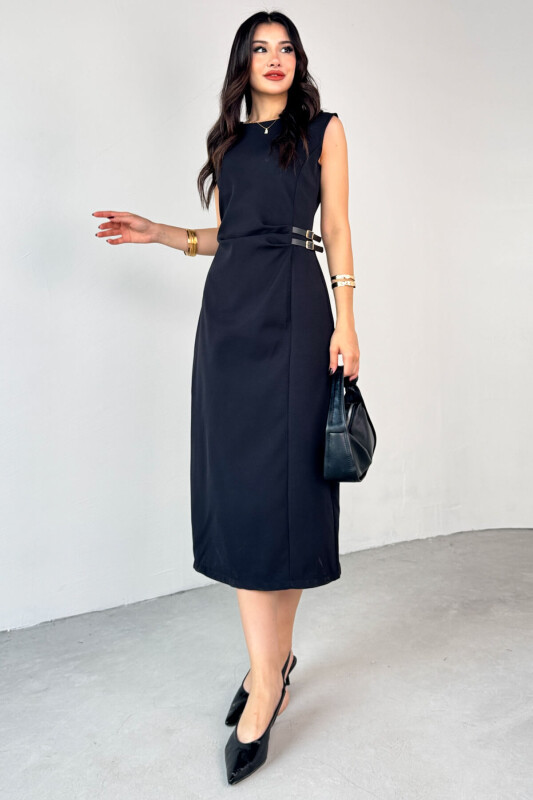 ELB-01789 Siyah Deri Kemerli Arka Fermuar Detaylı Lamineli  Poliviskon Elbise - 1